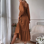 Solid Color Long Sleeve Dress Square Neck Lotus Leaf Maxi Dress