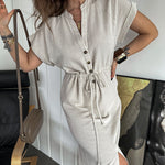 Nadorine Women's Cotton Linen Dress Round Neck Single Breasted Button Sleeves Drawstring Slit Mid Length Dress