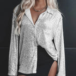 Nadorine Solid Color Button-down Long-sleeve Sequined Cardigan Shirt for Women Casual Loose Business Casual 2026 | Under