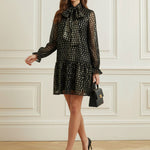 Long Sleeves Puff Sleeves Pleated Polka Dot Shiny Split-Joint High Neck Mini Dresses
