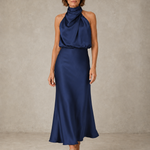 Sabine | Teal Satin Draped Halter-Neck Midi Dress