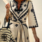 Quiet Atmosphere Linen Blend Ethnic Print Belted Midi Dress