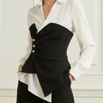 Elasticated Waist Irregularity Asymmetric Buttoned Contrast Color Split-Joint V-Neck Blouses&Shirts Tops