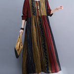 Vacation Loose Long Sleeves Contrast Color Printed Round-Neck Midi Dresses
