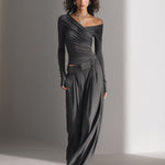Women's Charcoal Gray Textured Stretchy Set With Off-the-Shoulder Top & Wide-Leg Pants, Modern Edgy-Chic Style Set