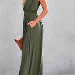 Jungle Green Deep V Pocketed Pleated Wide Leg Jumpsuit