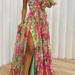 Let's Elope Floral Print Pleated One Shoulder Sleeve Slit Maxi Dress