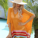 Hollow Out Beach Swimsuit Coverups Oversized Short Sleeve V Neck Loose Knit Bikini Cover Up