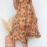 V Neck Tie Waist Abstract Print Midi Cami Dress