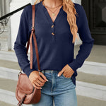 Solid Color V-Neck Button Loose Long Sleeve T-Shirt Top