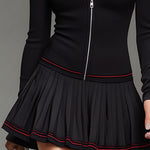 Contrast Hem Long Zip-up Top And Pleated Skirt Sports Suit