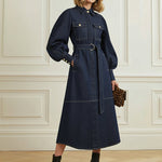 Puff Sleeves Belted Buttoned Pockets Split-Joint Lapel Midi Dresses