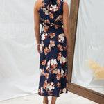 Sleeveless Halter Neck Printed Satin Dress