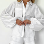 Nadorine Cotton Loose Two Pieces set Lantern Sleeve Casual Loose Shirts High Waist Shorts Outfits
