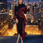 Bodycon Flared Sleeves Asymmetric Contrast Color Ruffled Zipper Stand Collar Midi Dresses
