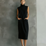 Women's Elegant Black Woven High-neck Sleeveless Midi Dress