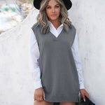Solid Color Loose V-neck Sleeveless Vest Sweater Dresses
