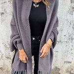 Warm Corner Knit Plush Tassel Trim Relaxed Shawl Cardigan