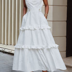 A-Line High Waisted Buttoned Pleated Pockets Solid Color Split-Joint V-Neck Maxi Dresses