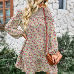 Long Sleeve Dress Boho Floral Ruffle High Neck Mini Dress Casual Loose Pleated Flowy Dresses