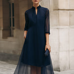 Mandarin Collar Sheer Overlay Midi Dress