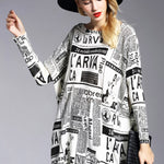 Vintage Loose One-Shoulder Newspaper Printed Split-Joint Sweater