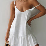 Spaghetti Strap A Line Dress Summer Solid Color Sleeveless V Neck Mini Ruffle Beach Sundress