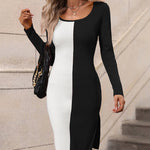 Long Sleeve Side Slit Color Block Patchwork Sweater Dress
