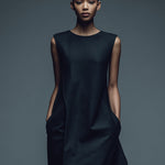 Women's Black Structured Woven Dress With Sleeveless Silhouette & Side Pockets, Timeless Minimalist-Chic Style Dress
