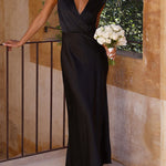 Loose Short Sleeves Pleated Solid Color Split-Joint V-Neck Maxi Dresses