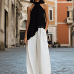 Elegant Two-Tone High-Neck Halter Set ��� Asymmetric Chiffon Top & Wide-Leg Trousers
