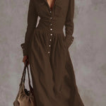 High Waisted Long Sleeves Buttoned Pleated Pockets Solid Color Split-Joint Lapel Maxi Dresses