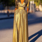 Half Sleeves Puff Sleeves Shiny Solid Color Deep V-Neck Maxi Dresses