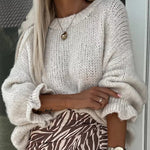 Solid Color Round Neck Ruffled Long Sleeve Knitted Sweater