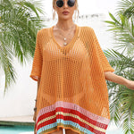 Hollow Out Beach Swimsuit Coverups Oversized Short Sleeve V Neck Loose Knit Bikini Cover Up