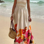 Hidden Garden Satin Floral Print Smocked Tie-up Shoulder Maxi Dress