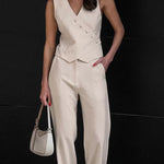 Nadorine Cotton Linen Vest Wide-leg Pants Two-piece Set Summer Slanted Buckle Design Suit