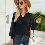 Nadorine V Neck Tops Solid Color Blouse Long Sleeve Pullover Lace Patchwork Shirt