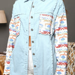 Frayed Denim Jacket Vintage Boho Tribal Button Down Patchwork Shirt Shacket