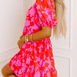 Red Floral Bubble Sleeve Sweetheart Neck Ruffled Mini Dress