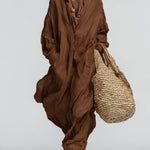 Women's Chocolate Linen Dress With Relaxed Silhouette & Long Sleeves, Timeless Boho-Casual Style Dress