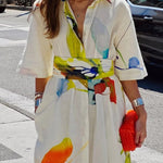Half Sleeves Loose Asymmetric Printed Split-Joint Tied Waist Lapel Maxi Dresses Shirt Dress