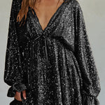 V Neck Balloon Sleeves Backless Drawstring Sequin Dress
