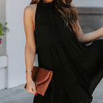 Sleeveless Loose Plain Mini Dresses Mock Neck Layered Ruffled Loose Flowy Swing Short Tank Dress