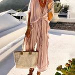 Nadorine Women's Boho Solid Color V Neck Short Sleeve Jumpsuits Ruffled Summer Beach Maxi Dress