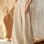 Solid Color High Waist Casual Button Wide Leg Pant