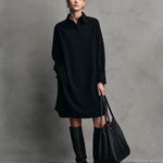 Women's Casual Black Sweatshirt-material Dress With Shirt Collar, Long Sleeves, And A Loose Fit