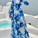 Island Girl Floral Print V-neck Long Sleeve Tie Slit Holiday Maxi Dress