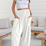 Column Loose Elasticity Pockets Solid Color Casual Pants Bottoms Trousers