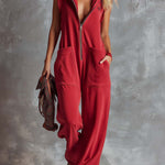 Retro Fashiona Sporty Hooded V-neck Front Zipper Raspberry Red Cotton Jumpsuit
